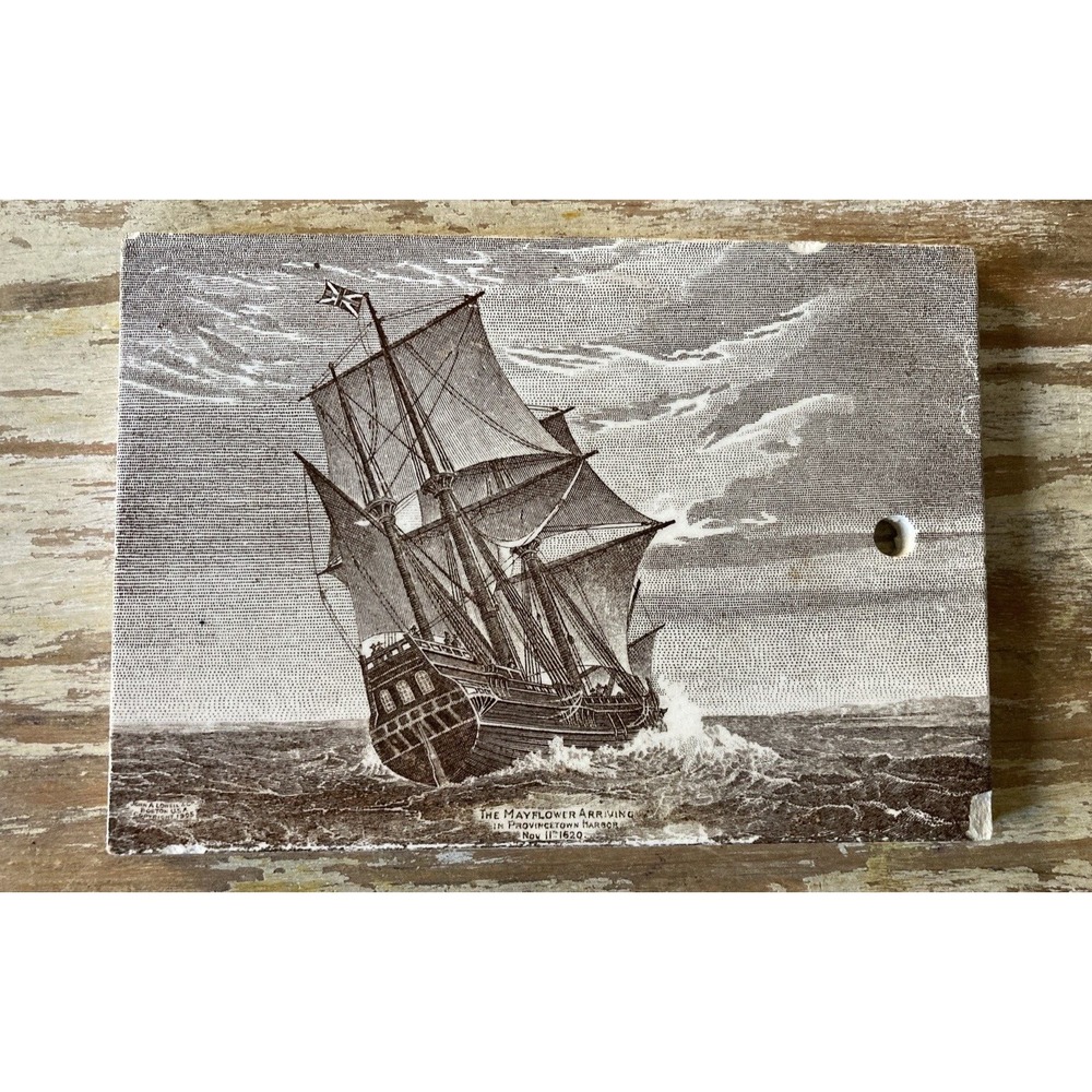 Antique Wedgewood calendar tile McDuffee & Stratton Mayflower Arriving 1910